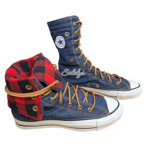 Converse '87 Vtg NeeHi Calf High XHI USA Made Denim Fold Plaid Sneaker M5.5 W7.5